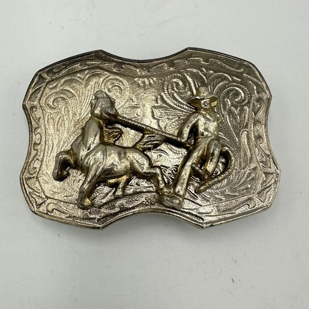 Vintage‎ Belt Buckle Western Cowboy Silver Roping Horse & Rider Rodeo Scene 882